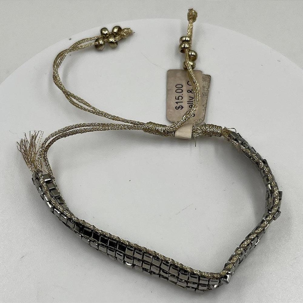 Vintage Shelly & Co Cord Bracelet Silver Tone Square Beads & Crystal Accent Rows
